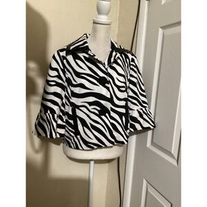 Sandro Sportswear Zebra Print Cropped Jacket Bell Sleeve Black White Women Small